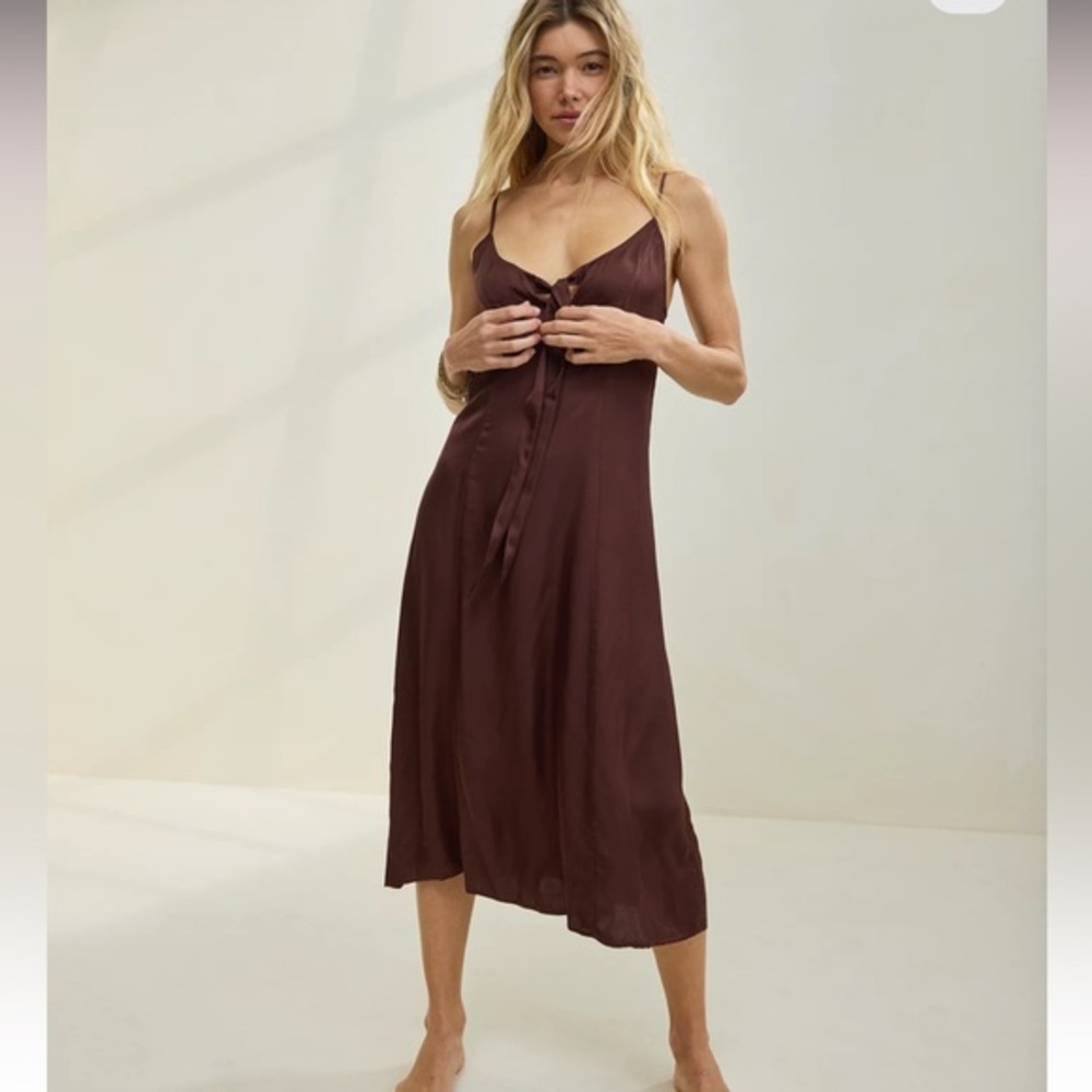 aerie Brown Satin Midi Slip Dress